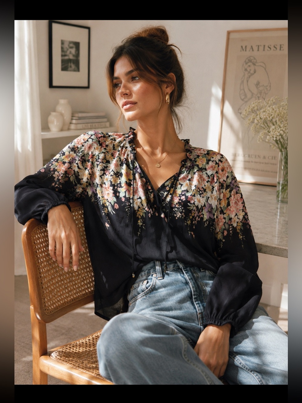Anthropologie Black Floral Peasant Blouse